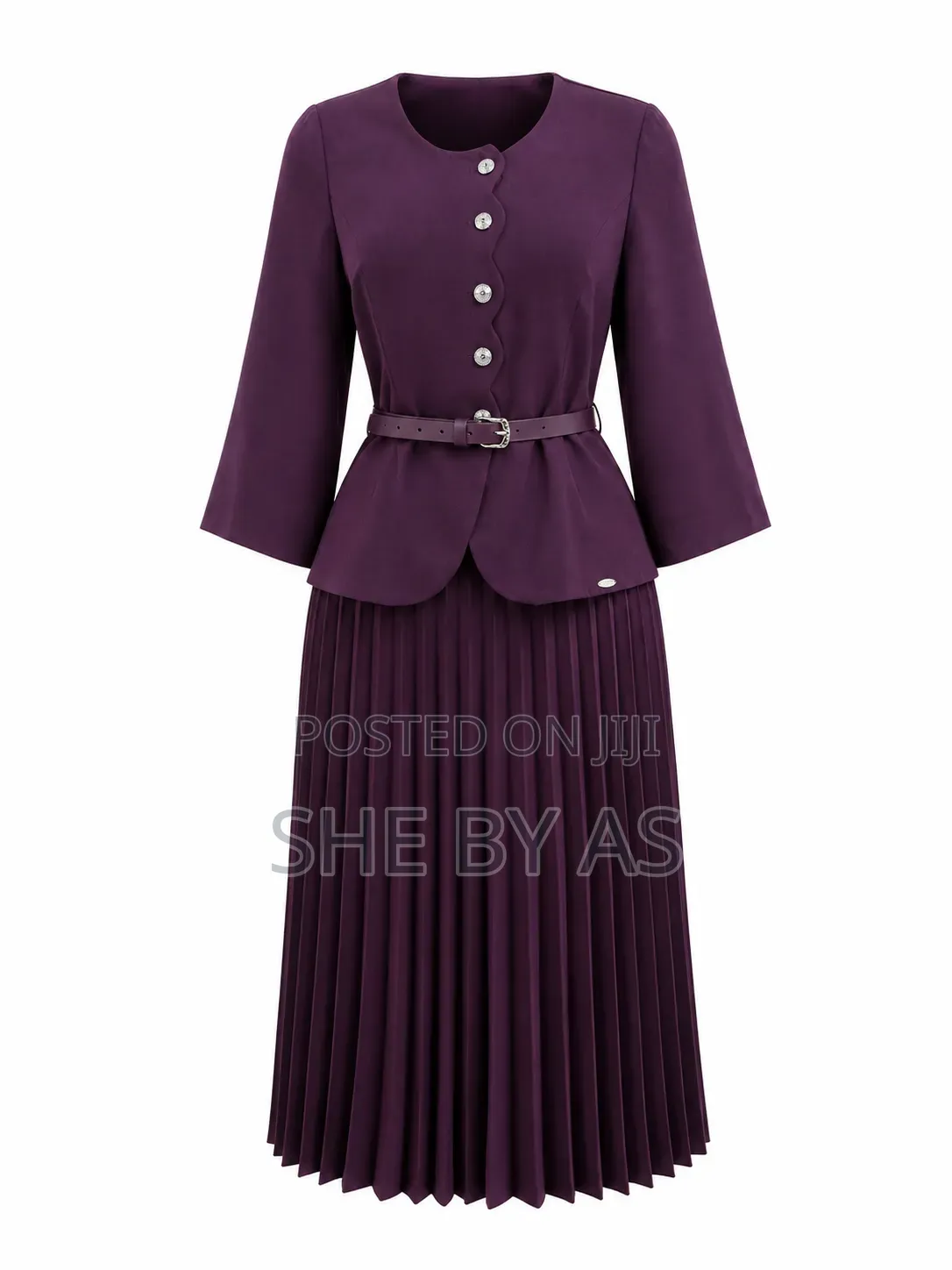 She by AS Elegant Ladies Corporate Pleated Dress Set With Belt – Plum