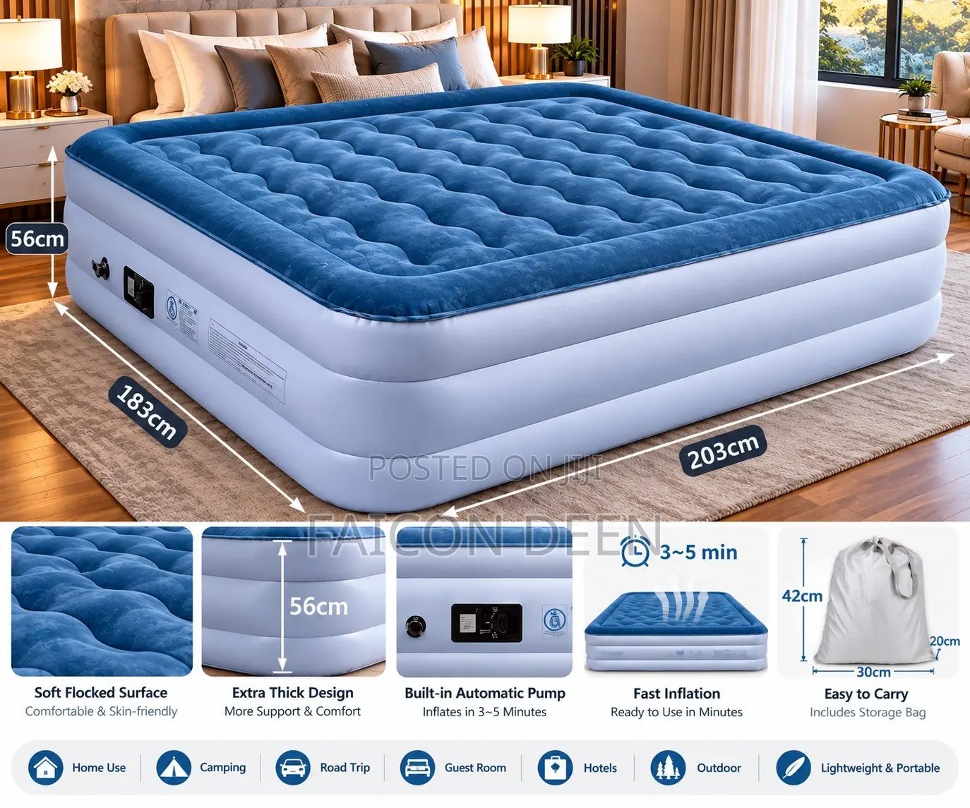 Luxury Air Double Size Mattress With Automatic Pump Plus 2 Free Pillow
