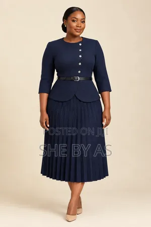 She by AS Elegant Navy Blue Corporate Pleated Dress Set With Belt