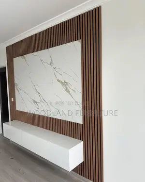 Modern Marble & Wood Slat TV Feature Wall With Floating Media Console
