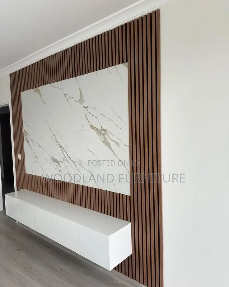 Modern Marble & Wood Slat TV Feature Wall With Floating Media Console