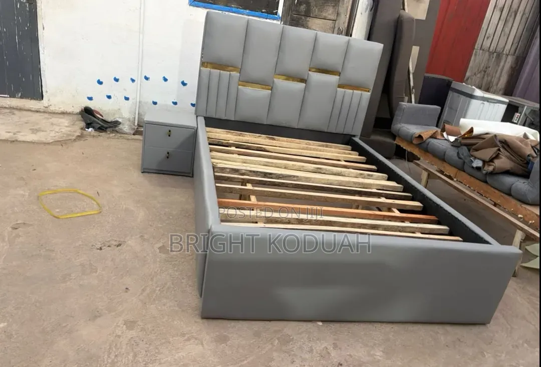 Lather Gray Double Bed Frame With a Side Drawer