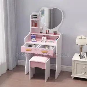 Modern White & Pink Vanity Table With Heart Mirror and Padded Stool