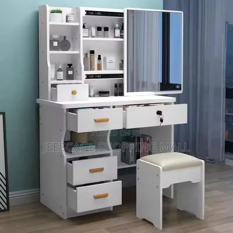 Modern White Dressing Table With Sliding Mirror, Ample Storage,