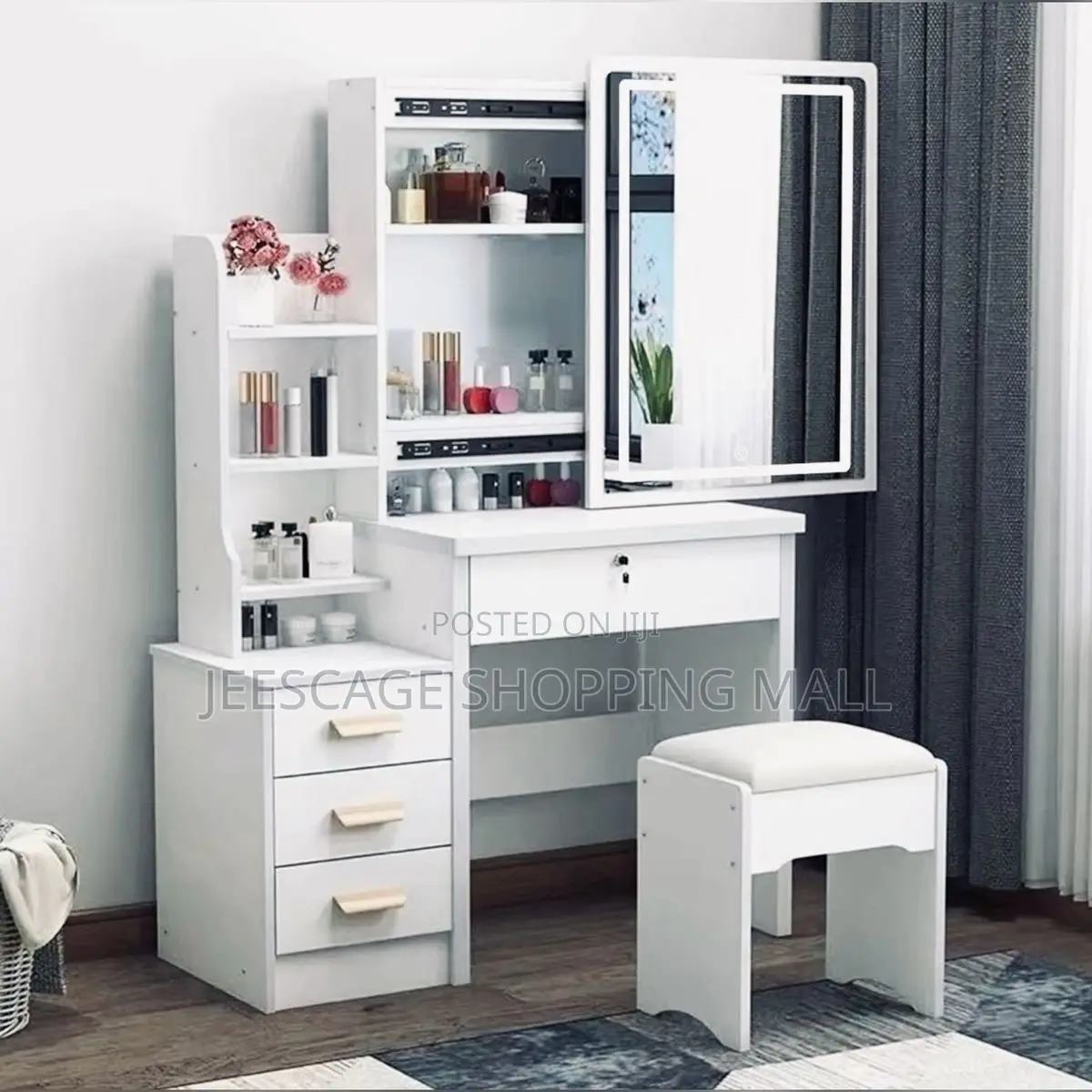 Modern White Dressing Table With Sliding Mirror, Ample Storage,
