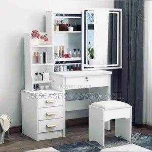 Modern White Dressing Table With Sliding Mirror, Ample Storage,