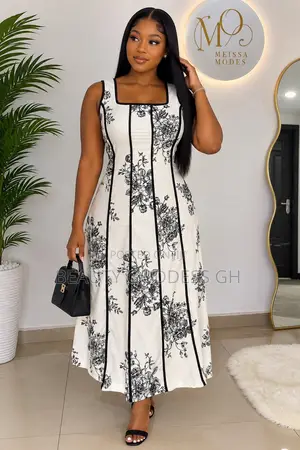White With Black Floral Designs Dress Available