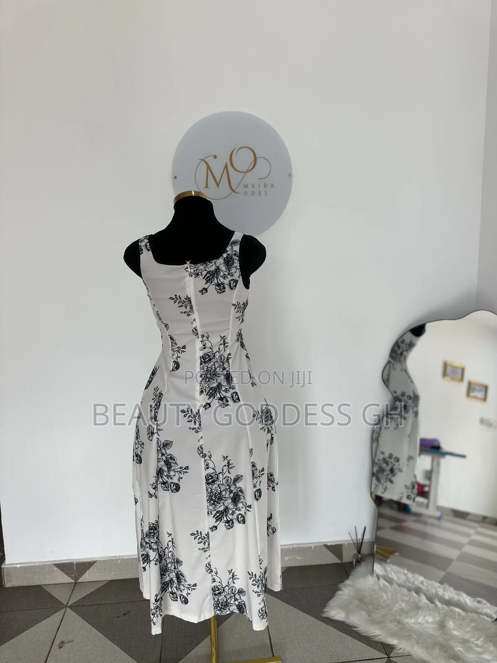 White With Black Floral Designs Dress Available