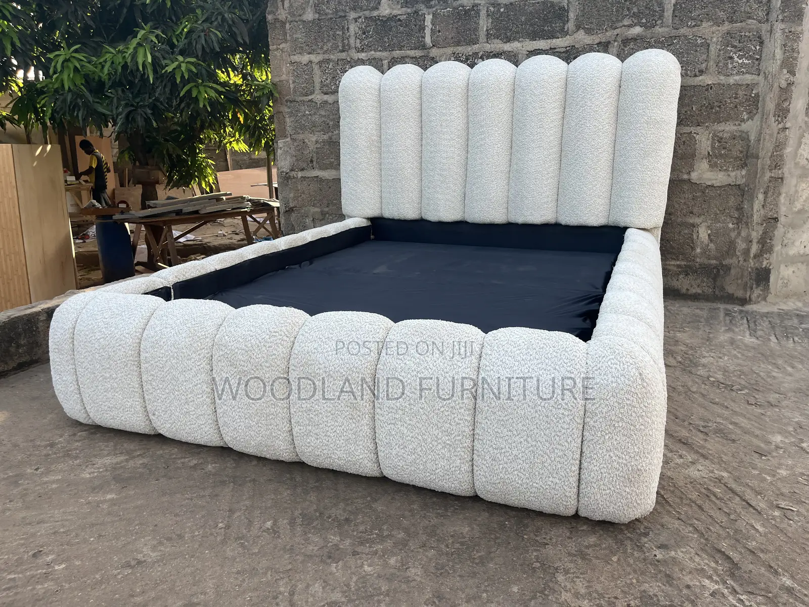 Plush Channel-Tufted Boucle Double Bed Frame