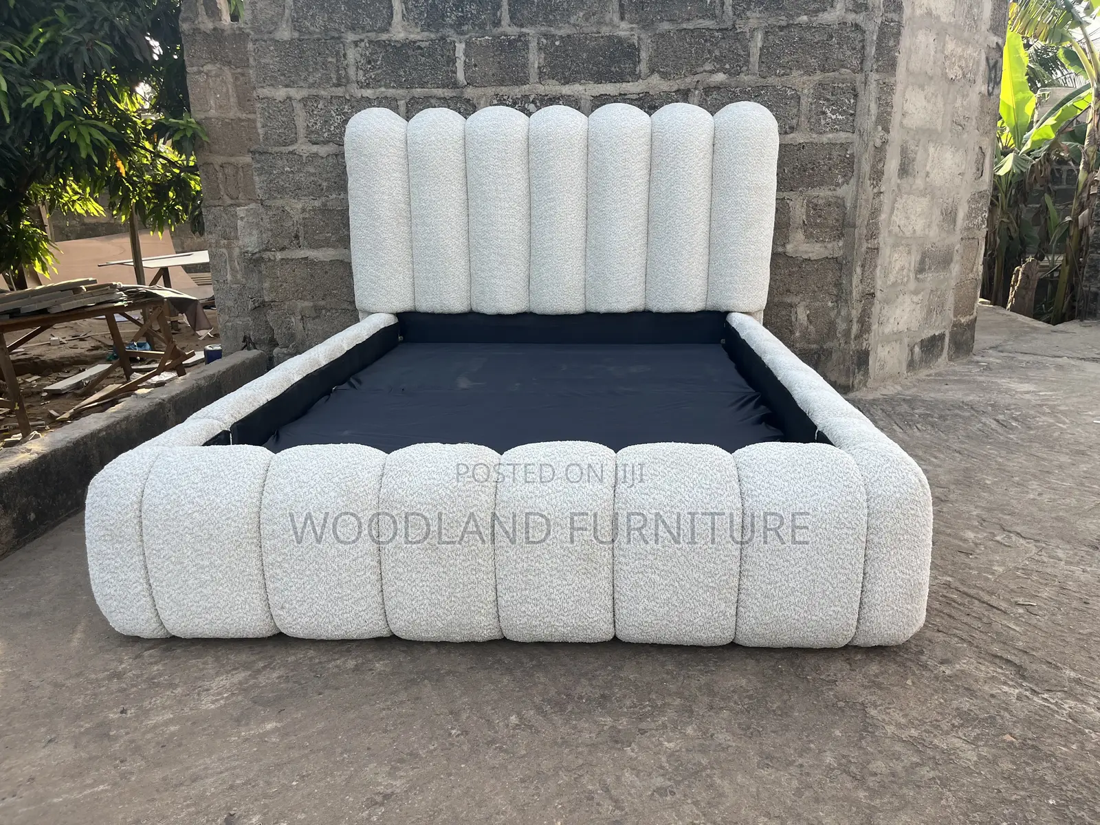 Plush Channel-Tufted Boucle Double Bed Frame
