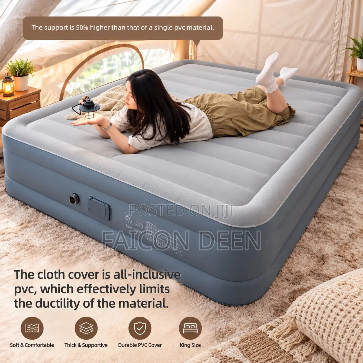 Premium Flocked Surface :Automatic Inbuilt Pump Double Size Air Bed