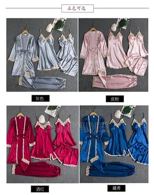 Women's 5Pcs Satin Pajama Set: 5 in 1 Robe + Nightwear With Chest Pad