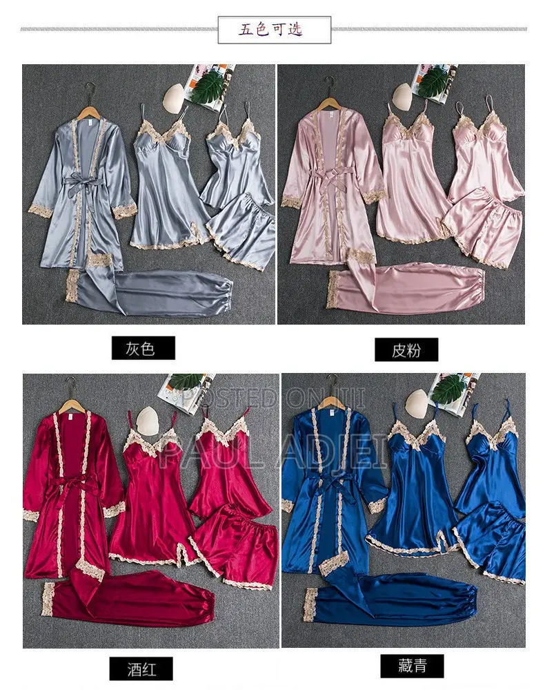 Women's 5Pcs Satin Pajama Set: 5 in 1 Robe + Nightwear With Chest Pad