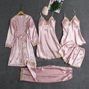 Women's 5Pcs Satin Pajama Set: 5 in 1 Robe + Nightwear With Chest Pad