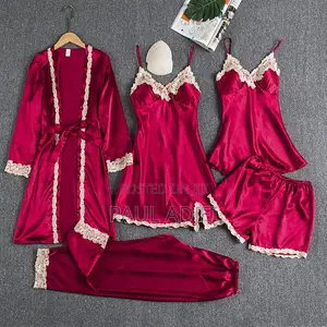 Women's 5Pcs Satin Pajama Set: 5 in 1 Robe + Nightwear With Chest Pad