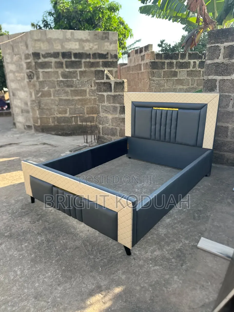 Gray and Cream Leather Double Bed Frame