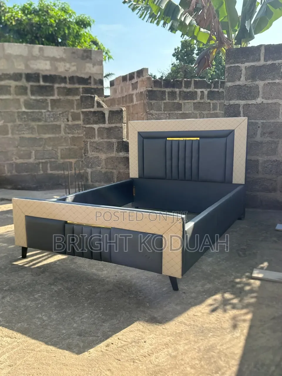 Gray and Cream Leather Double Bed Frame
