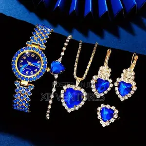Wristwatch Earrings , Necklace , Ring Set Gold/Blue