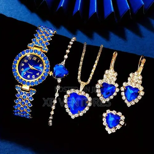 Wristwatch Earrings , Necklace , Ring Set Gold/Blue