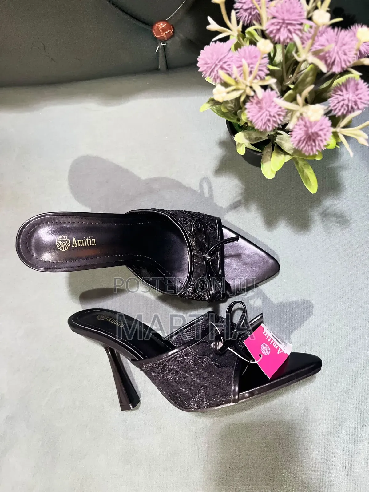 Amitin Black Lace Bow Pointedmule Heel