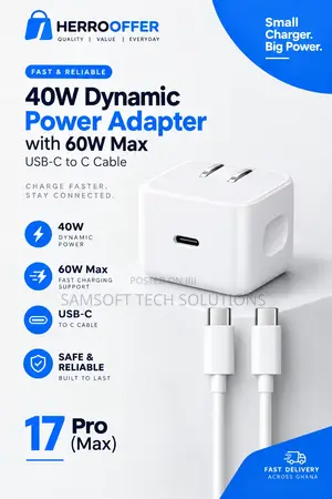 40W Dynamic Power Adapter With 60W Max USB-C to C Cable