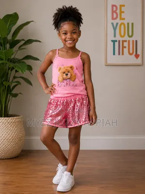 Girls’ Pink Teddy Bear Top and Sequin Shorts Set