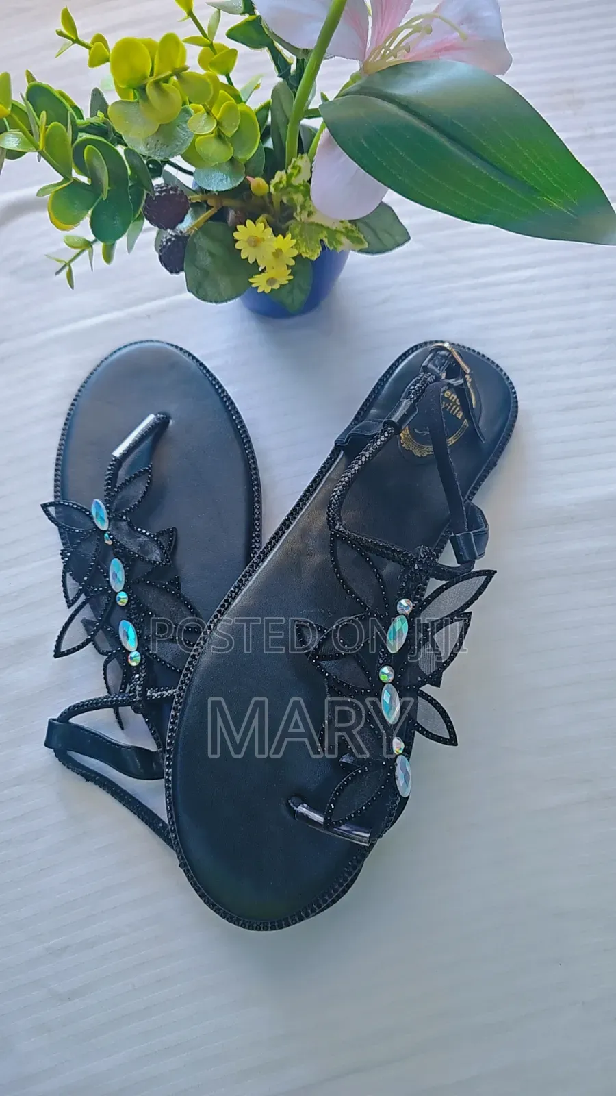 A Pair of Black Butterfly Crystal Rhinestone Flat Thong Sandals