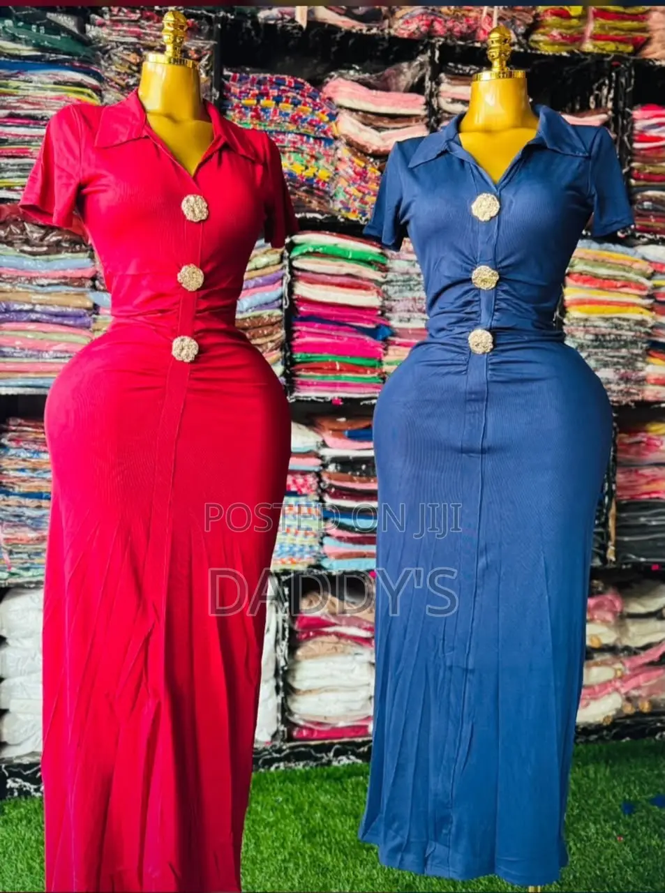 Women's Long Bodycon Polo Dress With 3 Gold Buttons