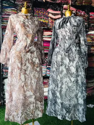Ladies Long Sleeve Snake Print Dress With Bow Tie Neck - Maxi Dress