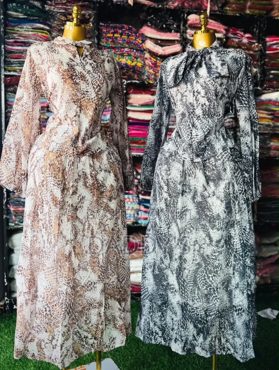 Ladies Long Sleeve Snake Print Dress With Bow Tie Neck - Maxi Dress