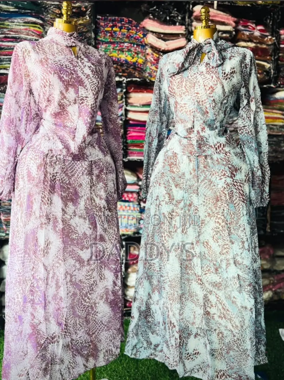 Ladies Long Sleeve Snake Print Dress With Bow Tie Neck - Maxi Dress