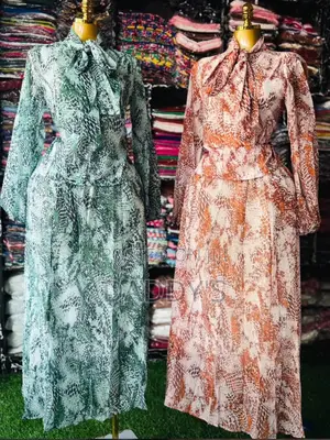 Ladies Long Sleeve Snake Print Dress With Bow Tie Neck - Maxi Dress