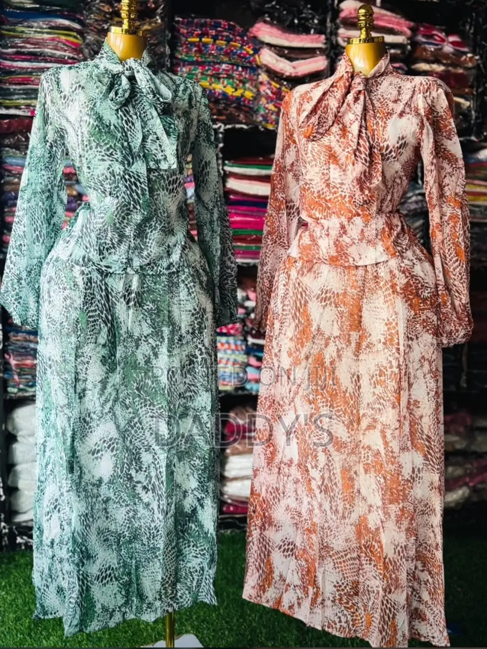 Ladies Long Sleeve Snake Print Dress With Bow Tie Neck - Maxi Dress
