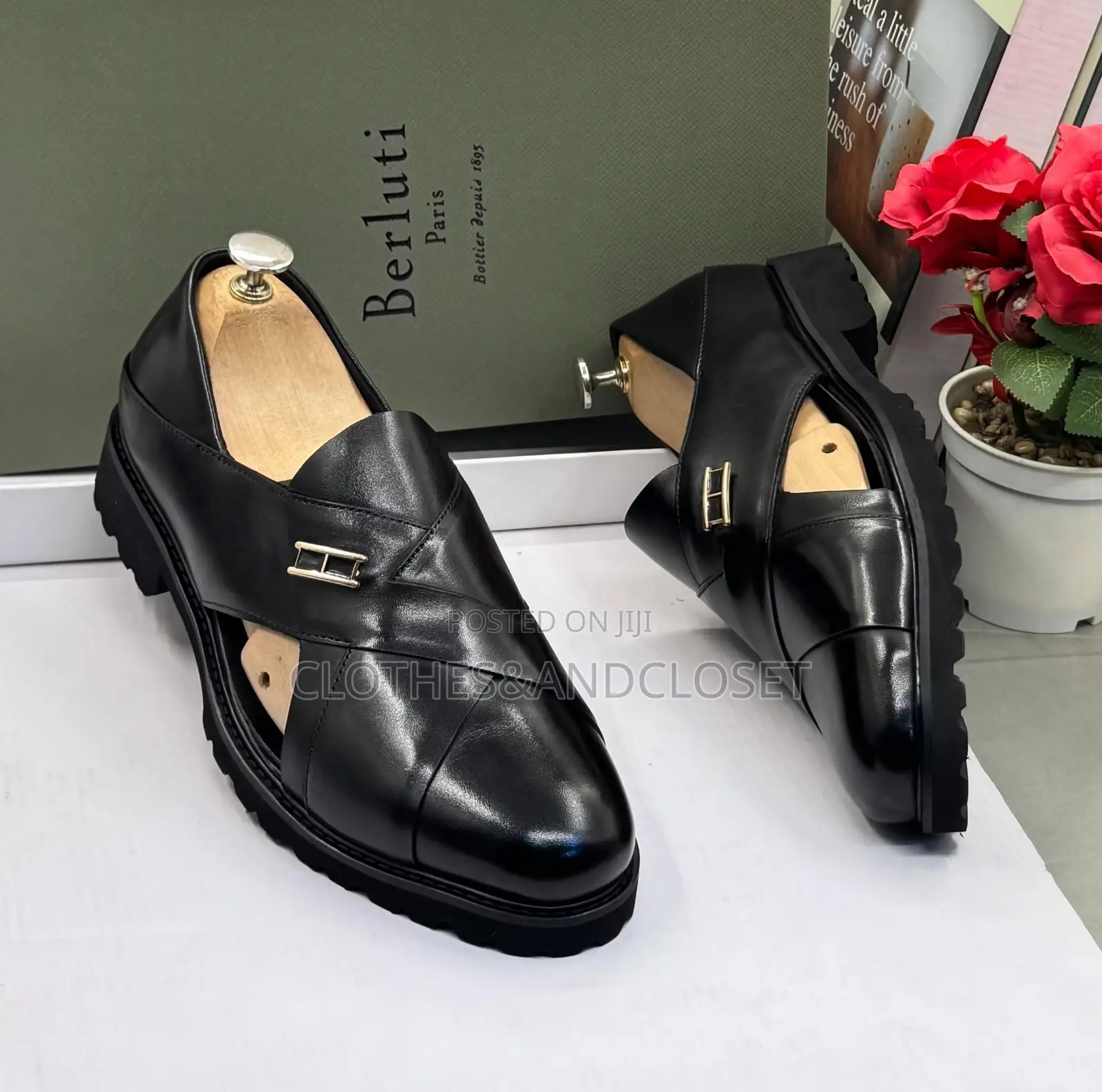 Men's Black Leather Slip-on Half-Shoes/Sandals Featuring a Cross-Strap