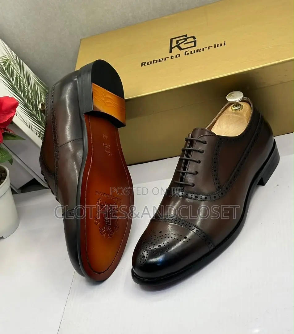 Brown Leather Semi-Brogue Oxford Dress Shoes Featuring a Cap-Toe