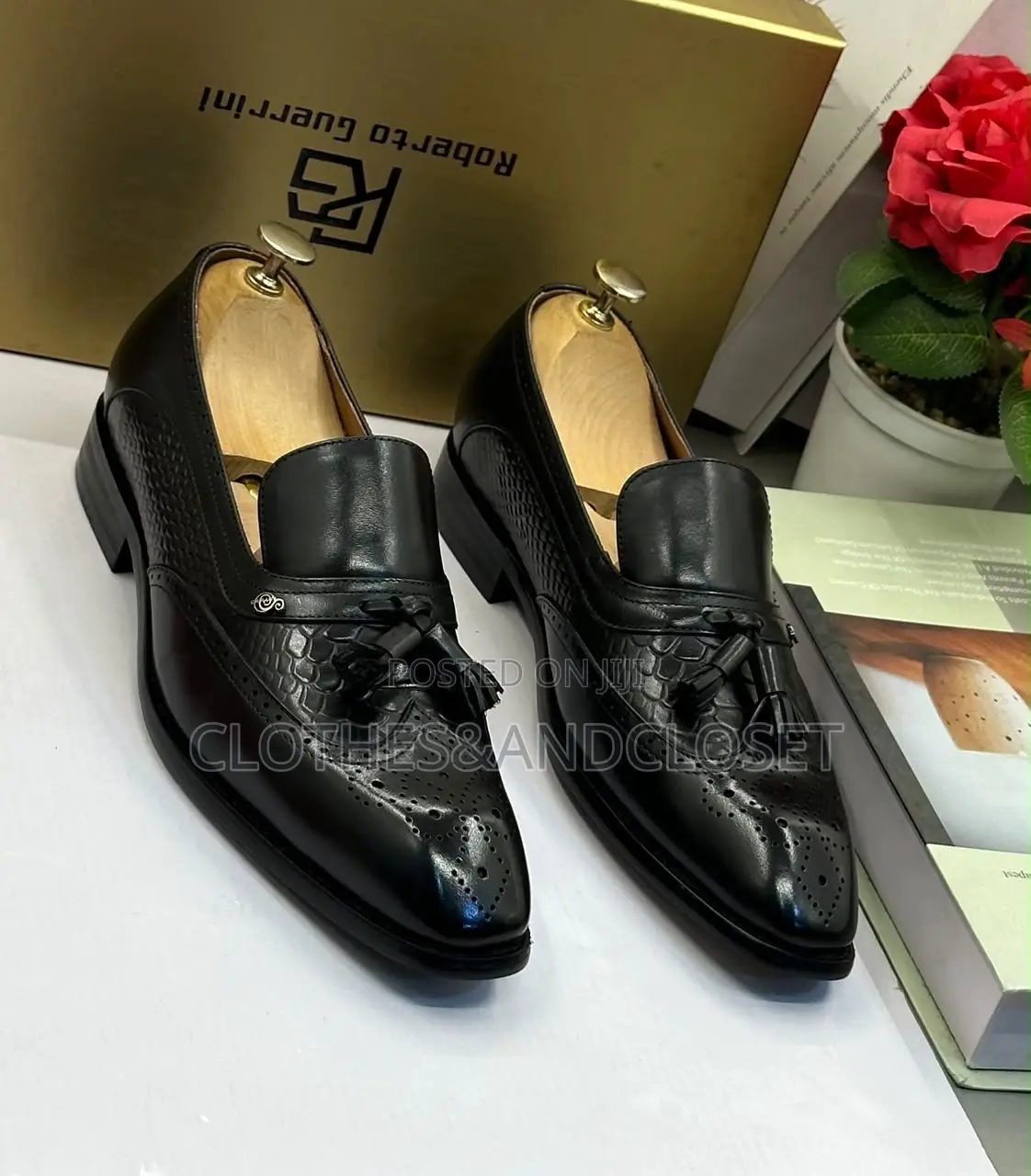 Black Leather Tassel Loafers With Wingtip Brogue Crocodile-Embossed