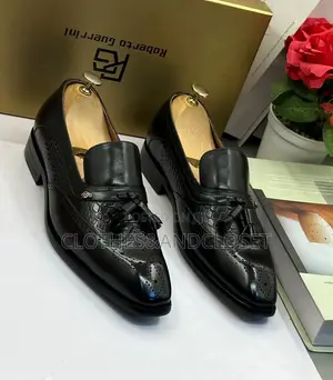 Black Leather Tassel Loafers With Wingtip Brogue Crocodile-Embossed