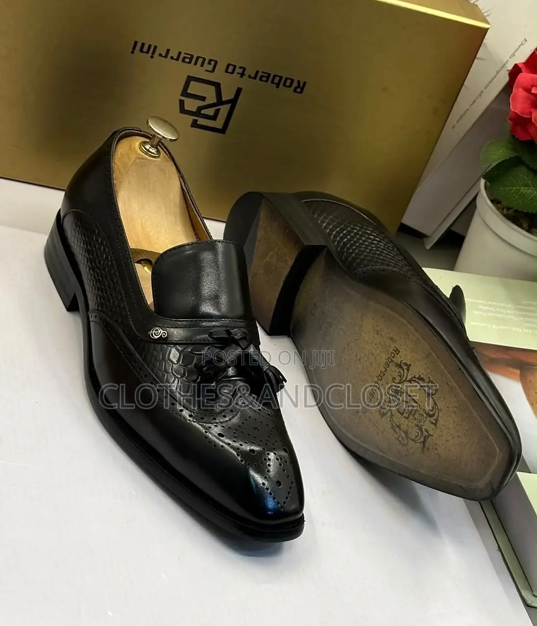 Black Leather Tassel Loafers With Wingtip Brogue Crocodile-Embossed