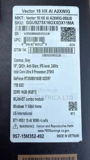 New Laptop MSI Vector 16 HX AI A2XWIG 16GB Intel Core Ultra 9 SSD 1T