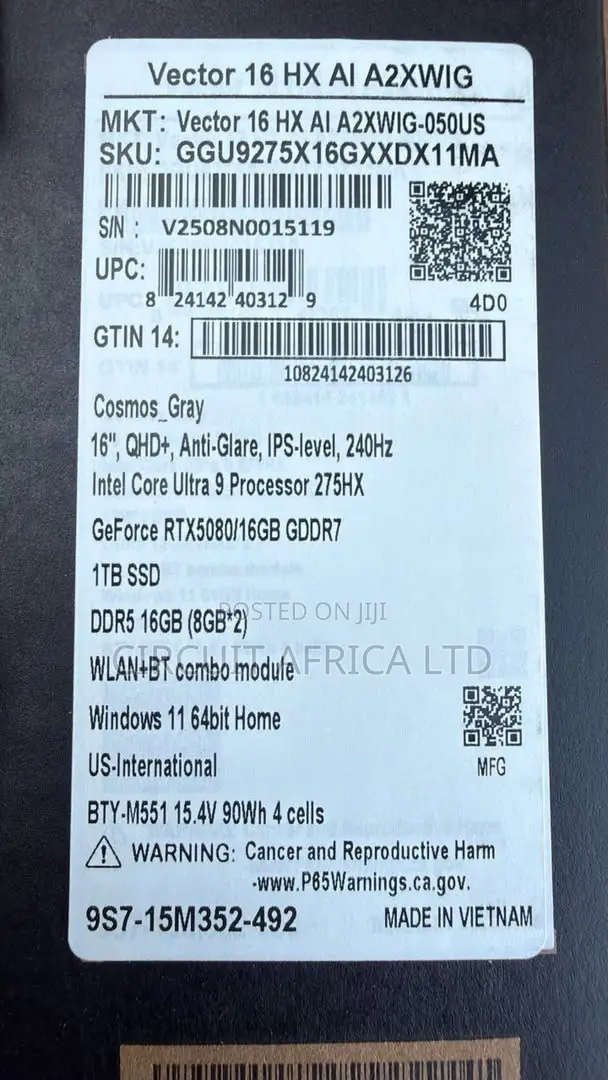 New Laptop MSI Vector 16 HX AI A2XWIG 16GB Intel Core Ultra 9 SSD 1T