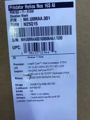 New Acer Predator Helios Neo 16 AI 16GB Intel Core Ultra 9 SSD 1T