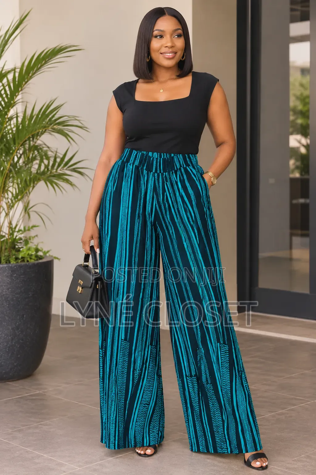 Teal & Black African Print Palazzo Trousers – Women High Waist Pants