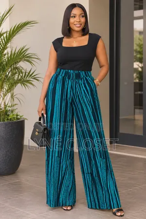 Teal & Black African Print Palazzo Trousers – Women High Waist Pants