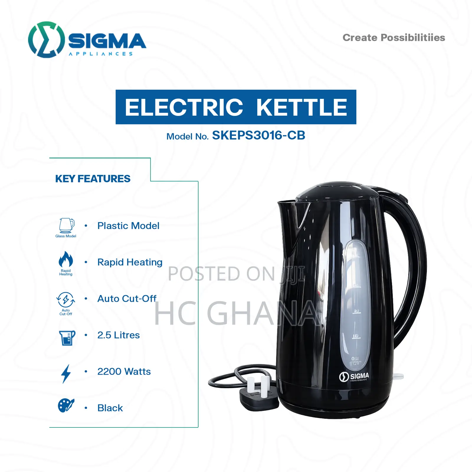 SIGMA 2.5L Plastic Electric Kettle Black
