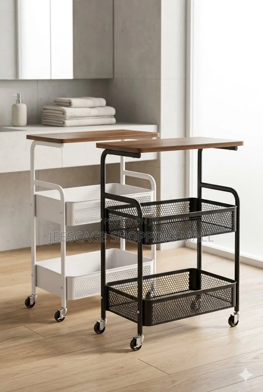 2-Tier Rolling Storage Cart With Wooden Tabletop