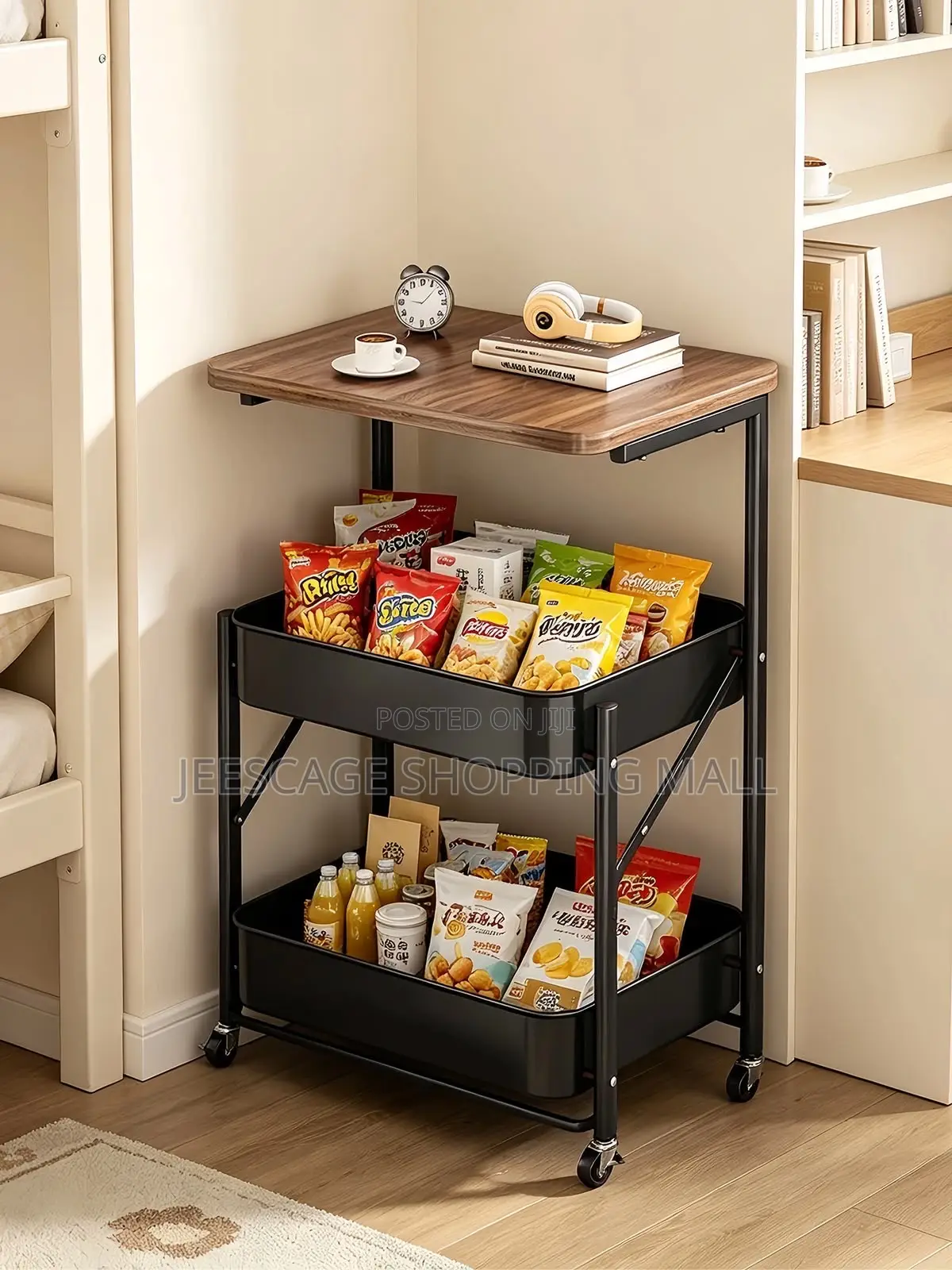 2-Tier Rolling Storage Cart With Wooden Tabletop