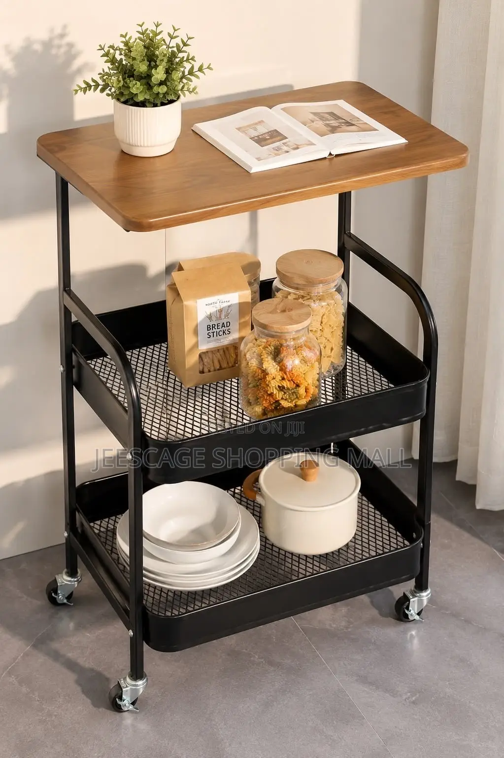 2-Tier Rolling Storage Cart With Wooden Tabletop