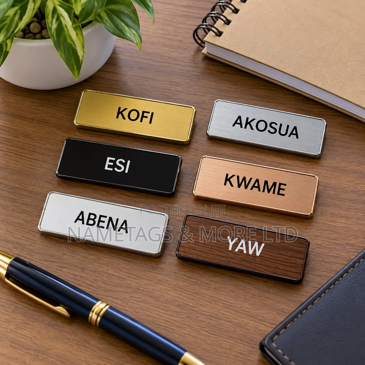 Brushed Metal Name Tags in Gold, Silver, Black, Copper & Wood