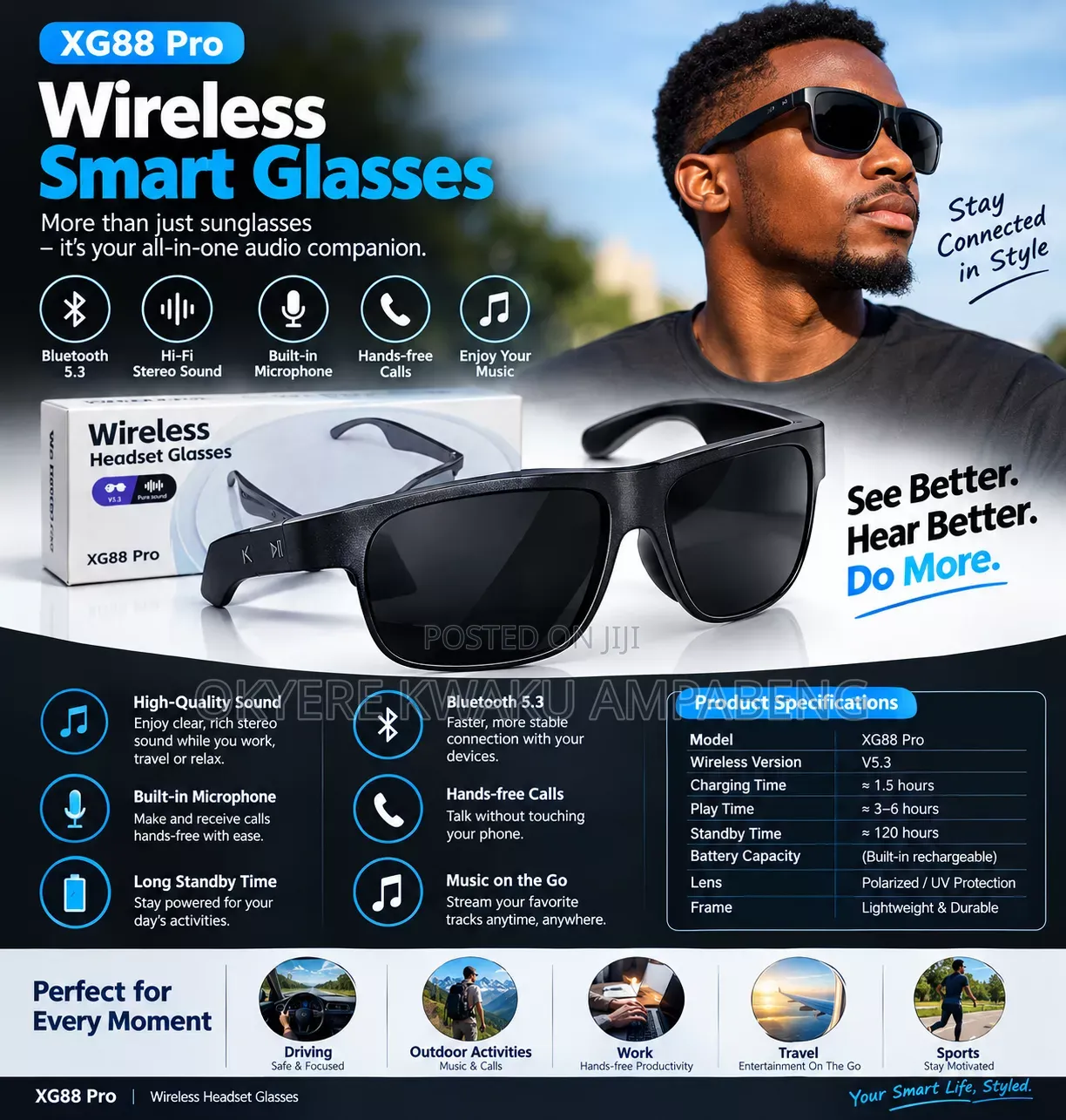 XG88 Pro Wireless Smart Glasses – Bluetooth Audio & Hands-Free Calling
