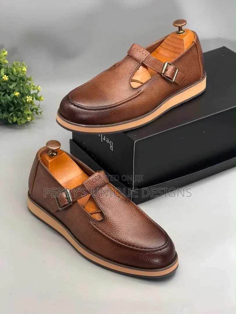 Men's T-Bar Monk Leather Loafers, T-Strap Executive Shoes,